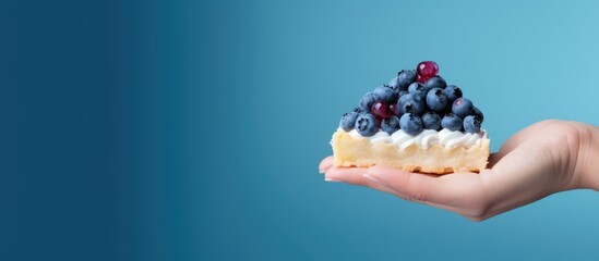 Person holding cake topped with blueberries