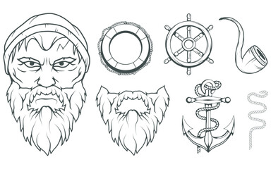 Fototapeta premium Hand Drawn sailor. Cartoon bearded man character. Sailor character head. Anchor Tattoo patch. Sea set. Vector artwork