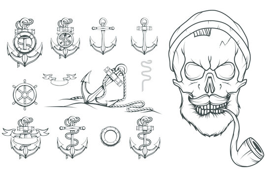 Hand Drawn sailor. Cartoon bearded man character. Sailor character head. Anchor Tattoo patch. Sea set. Vector artwork