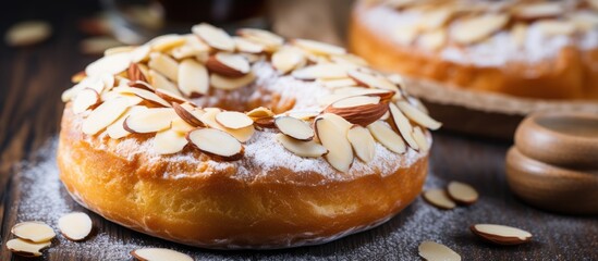 A doughnut topped with almonds