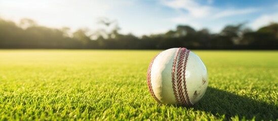 Baseball close-up on field under blue sky - obrazy, fototapety, plakaty