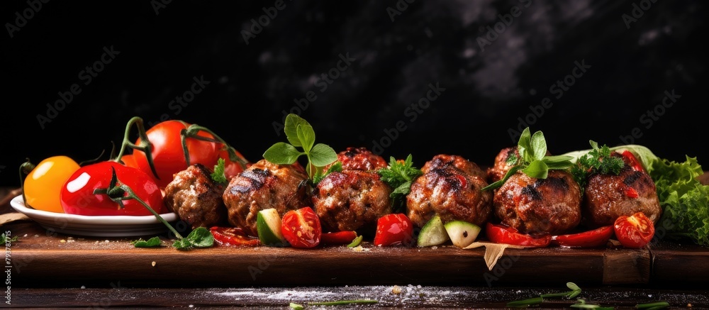 Sticker Wooden cutting board with assorted vegetables and meat