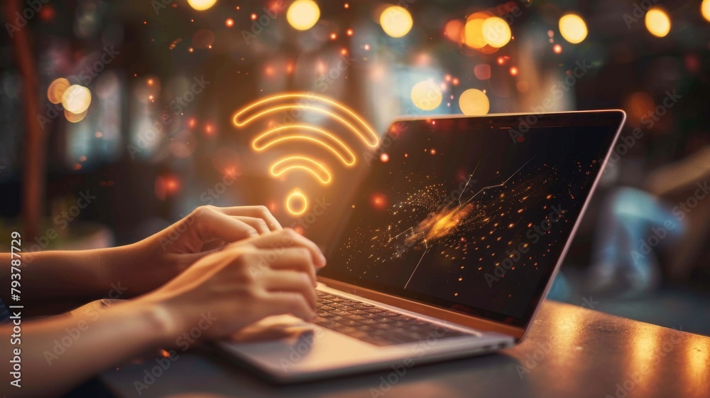 Poster hands holding a laptop with wireless connectivity symbol displayed on the screen, illustrating moder