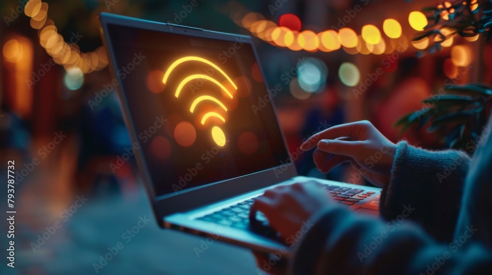 Poster hands holding a laptop with wireless connectivity symbol displayed on the screen, illustrating moder