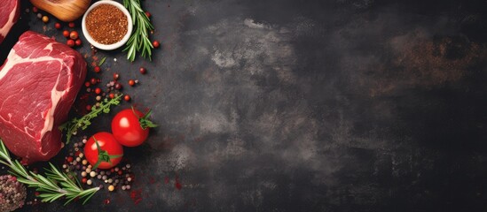 Raw beef immersed in assorted spices and paired with ripe tomatoes on a dark backdrop - obrazy, fototapety, plakaty