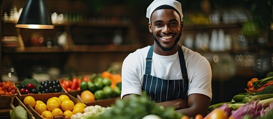 Man with a smile in apron and cap at vegetable counter - obrazy, fototapety, plakaty