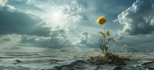 Wilted plant is growing from cracked earth, impact of climate change through a visual metaphor, environmental degradation