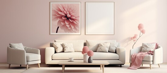 Bright living room white couch framed pictures