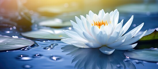A single white blossom gently drifting on water
