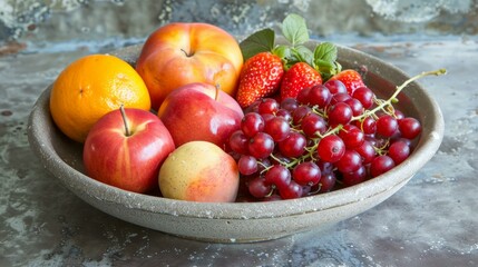 b'An arrangement of fruits in a ceramic bowl'