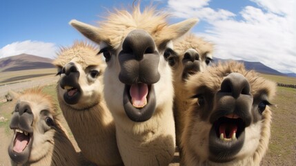 Fototapeta premium b'A group of llamas with their mouths open'
