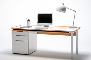 Computer on desk with white background. Subject related to the business world. Computer related topics. Image for graphic designer. Telework. Coworking.