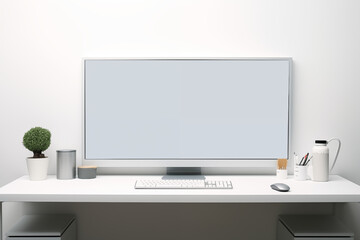 Computer on desk with white background. Subject related to the business world. Computer related topics. Image for graphic designer. Telework. Coworking.