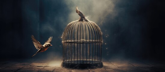 Bird escaping cage to freedom - obrazy, fototapety, plakaty