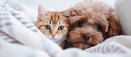 A cat and a dog snuggled up on a cozy bed