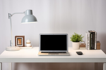 Computer on desk with white background. Subject related to the business world. Computer related topics. Image for graphic designer. Telework. Coworking.