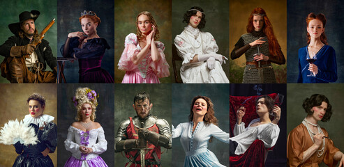 Collage. Multi Ethnic people in image of medieval, royalty persons dressed vintage clothing against vintage studio background. Concept of modernity and vintage fusion,comparisons of eras, lifestyle.