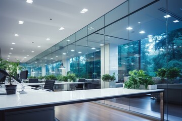 b'Modern office interior with glass walls and green plants'