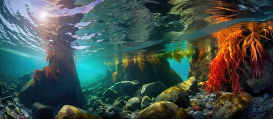 Underwater tree and rocks scene