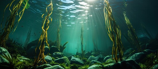 Sunlight filtering through seaweed forest underwater - obrazy, fototapety, plakaty