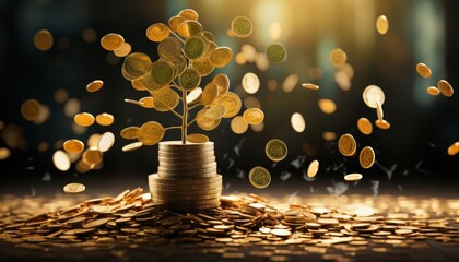 A golden tree growing out of a pile of coins with falling coins in the background. - obrazy, fototapety, plakaty