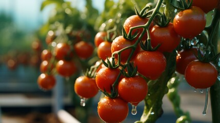 b'Close-up of ripe tomatoes growing in a greenhouse' - obrazy, fototapety, plakaty