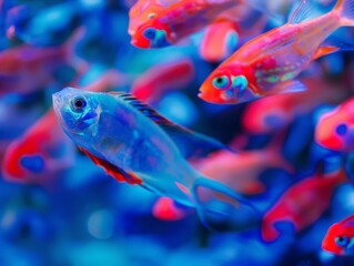 Obraz premium ocean fish close-up, school of fish swimming undewater, blue and bright red color palette