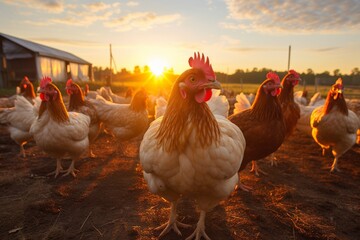 A group of chickens standing in a field at sunset. - obrazy, fototapety, plakaty