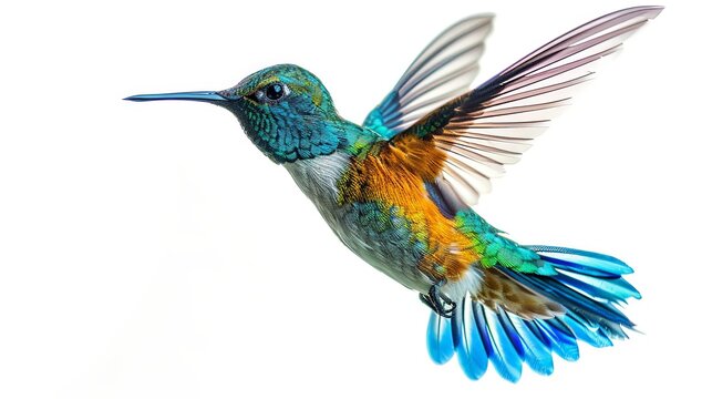 Hummingbird exotic vivid color bird design illustration in watercolor style flying