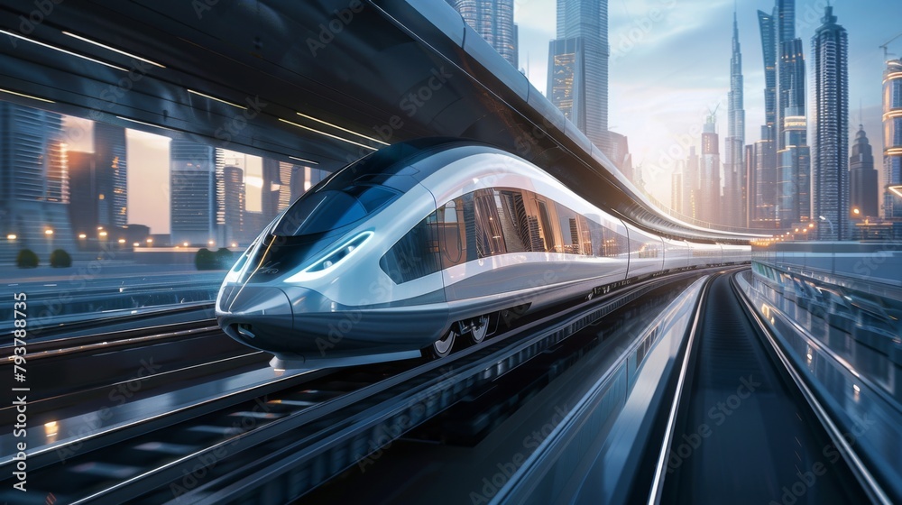 Aufkleber High-speed metro train emerging from a tunnel into a futuristic cityscape, representing progress and efficiency.