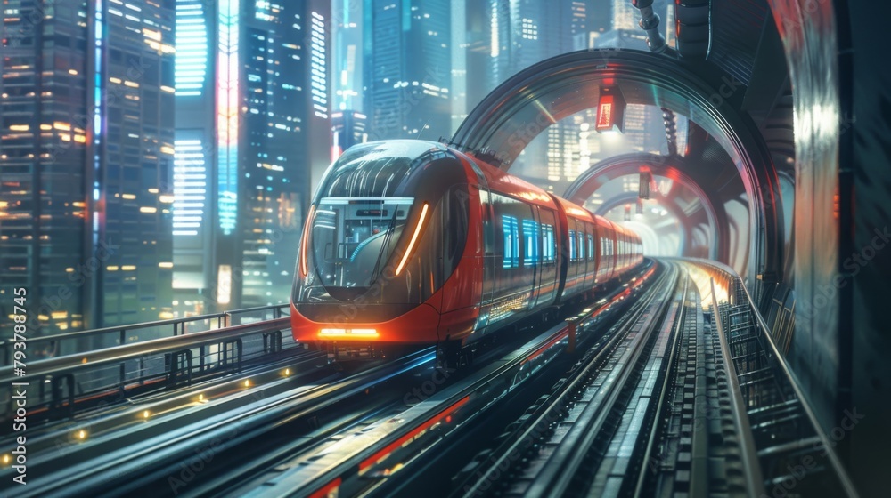 Poster high-speed metro train emerging from a tunnel into a futuristic cityscape, representing progress and