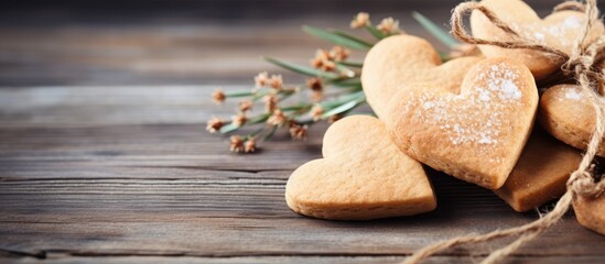 Heart cookies arranged on wooden surface