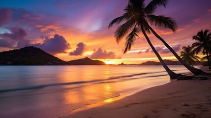 b'Palm trees on a tropical beach with a beautiful sunset sky'