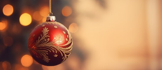 Red gold bauble hangs tree - obrazy, fototapety, plakaty