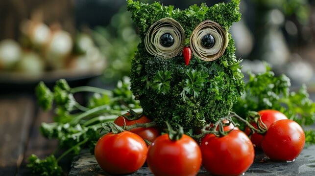 b'A cute owl made of vegetables'