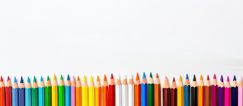 Row of vibrant crayons on a white background