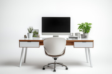 Computer on desk with white background. Subject related to the business world. Computer related topics. Image for graphic designer. Telework. Coworking.
