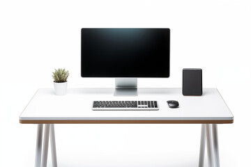 Computer on desk with white background. Subject related to the business world. Computer related topics. Image for graphic designer. Telework. Coworking.