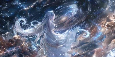 A mystical anime girl with long silver hair and a shimmering white dress, floating amidst a swirl of stars and celestial bodies in a dreamy outer space setting