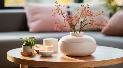 b'A beautiful living room with a vase of flowers on the table'