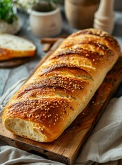 Loaf of bread with sesame seeds on a wooden board - obrazy, fototapety, plakaty