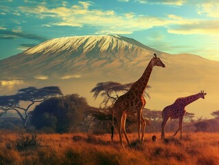 Giraffe in nature park, giraffes against the background of the mountain
