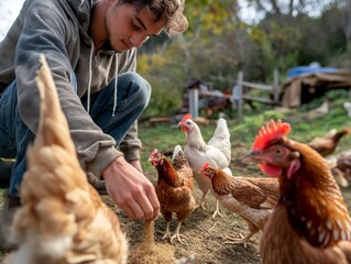 The farmer hand-feeds his hens with grain. Natural organic farming