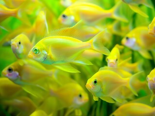 ocean fish close-up, school of fish swimming undewater, green and bright yellow color palette