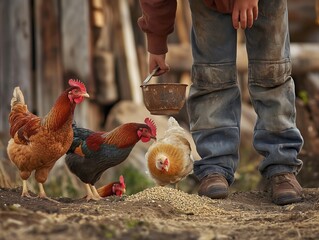 The farmer hand-feeds his hens with grain. Natural organic farming