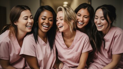 b'A group of diverse female nurses laughing together in a hospital hallway' - obrazy, fototapety, plakaty