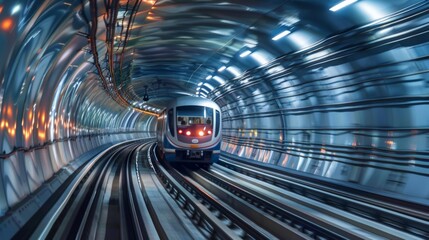 Obraz premium High-speed subway train speeding through a curved track, showcasing efficient urban transportation.