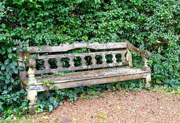 sehr schöne alte verwitterte Holzbank auf dem Highgate Cemetery in London Camden