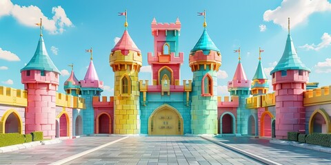 Building block castle, symmetrical composition, bright colors, outdoor environment, front view, rich details, perspective, gentle breeze, creative construction, domineering. - obrazy, fototapety, plakaty