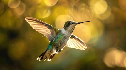 Naklejka premium hummingbird hovering mid-air, its iridescent feathers catching the sunlight
